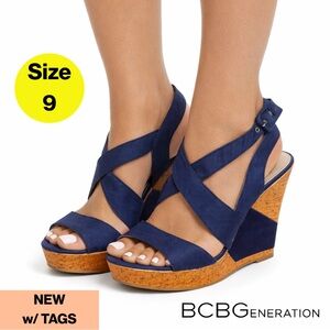 NEW w TAGS 🏷️ BCBG Women’s Navy Jean Crisscross Wedge Platforms (Size 9)